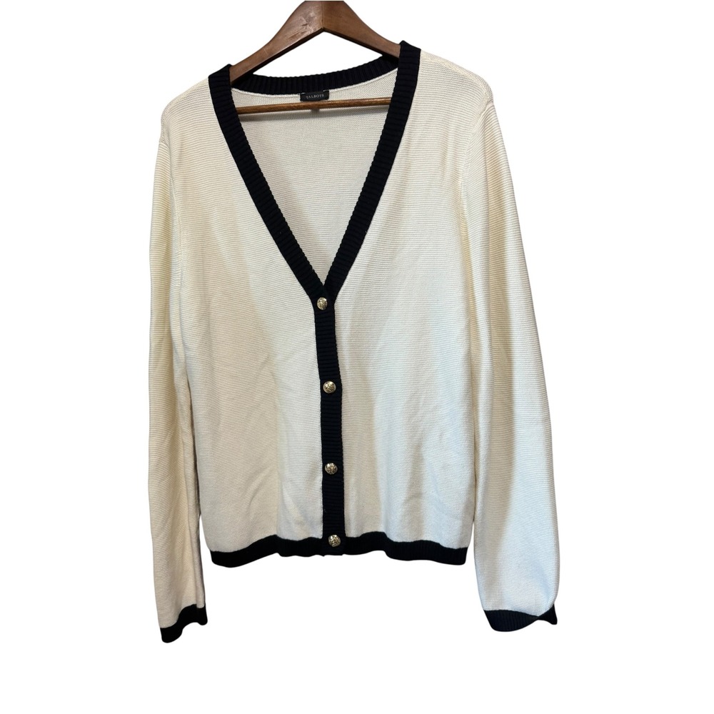 Talbots Cardigan Sweater Womens L White Black Excellent Gold Crest Button Knit
